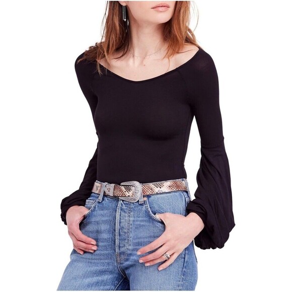 Free People Small Petite To The Tropics Black Blouse Bell Sleeves Scoop Neck - Picture 1 of 14